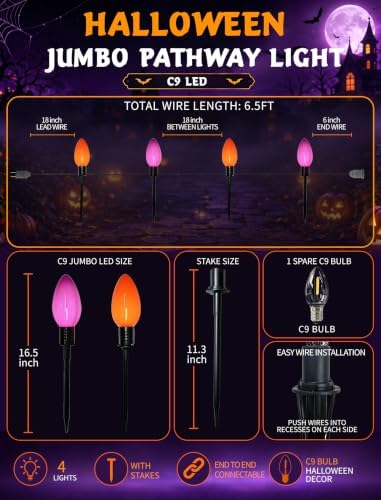 Halloween C9 Oversized Pathway Lights, 4 Pack LED Purple/Orange Stakes - Image 2