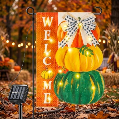 Thanksgiving Lighted Garden Flag,12x18 Inch Solar Powered by Qunlight