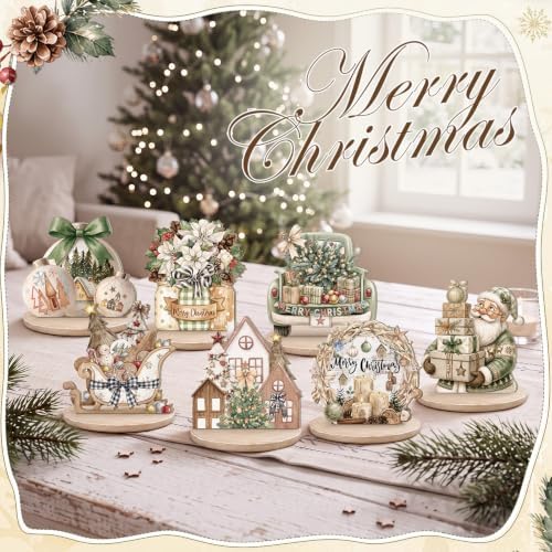 Leinuosen 12 Pcs Christmas Table Decoration Neutral Christmas Tiered Tray Decor Wooden Santa Claus Table Centerpiece Snowman Gnomes Wreath Farmhouse Xmas Decor for Home Kitchen Coffee Bar Shelf Indoor - Image 5