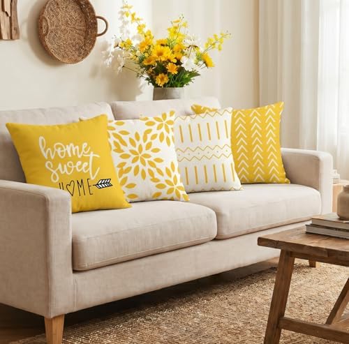 YCOLL Pillow Covers 22x22 Set of 4, Modern Sofa Throw Pillow Cover, Decorative Outdoor Linen Fabric Pillow Case for Couch Bed Car, Yellow - Image 2