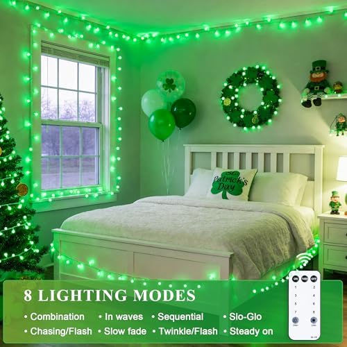 JMEXSUSS Connectable 100 LED Globe String Lights Indoor, 33ft 8 Modes Christmas String Light Plug in, Green Lights Outdoor for Room Bedroom Patio Deck Party St. Patrick's Day Decorations - Image 7