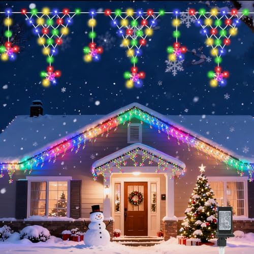 Christmas Icicle Lights, Outdoor Christmas Lights, 13.8FT 218 LED 8 Modes Curtain String Light, Plug-in LED Fairy Light for Wedding, Party, Indoor, Christmas Decoration - Multicolored by Puhong