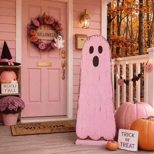 Novabright 30.2 H Halloween Pink Ghost Porch Sign Standing Wooden Decor by Unknown