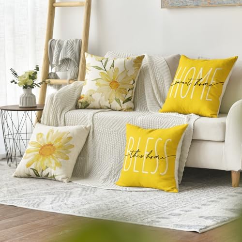 AVOIN colorlife Home Sweet Home Spring Summer Flowers Yellow Throw Pillow Covers, 20 x 20 Inch Cushion Case for Sofa Couch Set of 4 - Image 2