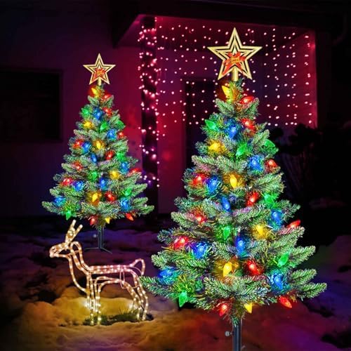 Upgraded Set of 2 Solar Christmas Tree, Outdoor Christmas Decorations,Prelit Xmas Tree w/ 100 LED Multi-color C6 String Lights for Outsdie Holiday Display Yard Front Porch Pathway Grave Cemetery Decor - Image 2