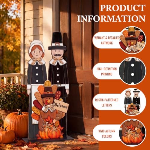 Threehoney 31.5" Thanksgiving Pilgrim Couple with Turkey Porch Sign, Farmhouse Wooden Pumpkin Welcome Signs Rustic Standing Fall Harvest Front Porch Decor for Autumn Outdoor Indoor Yard Garden - Image 5