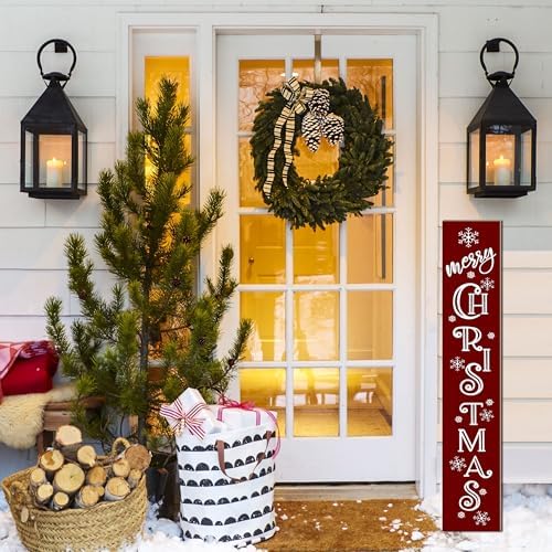 Merry Christmas Sign Xmas Front Door Hanging Decor Wooden Vertical Indoor Outdoor Porch Standing Signs For Garden Home Yard Farmhouse Porch 47.2 x 7.8 Inch - Image 5