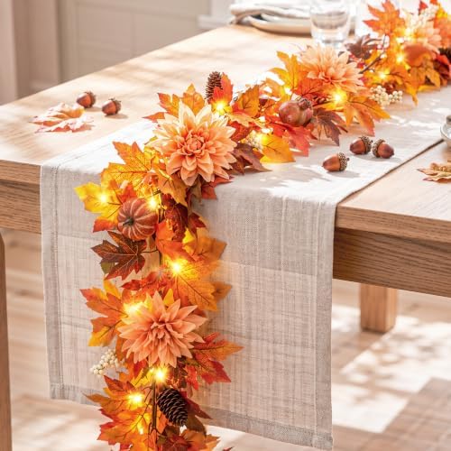 Lewondr 6ft Fall Garland with Lights for Mantel, 20 LED, Fruits & Dahlia by Lewondr