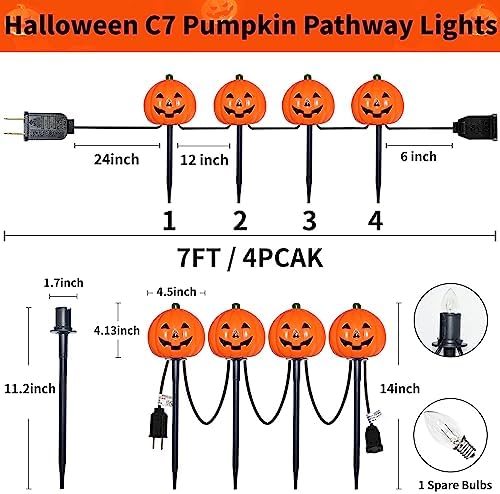 2 Sets 7Ft Halloween Decorations Pathway Lights Outdoor Pumpkin Stake Lights with 8 Jack-O Lantern Pumpkin Lights, 5 C7 LED Bulbs and 8 Stakes for Walkway Driveway Garden Lawn Lighting and Decor - Image 6