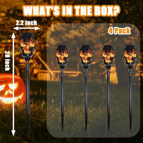 Halloween Solar Skull Stake Lights, Pathway Decor, 4 Pc, Orange - Image 5