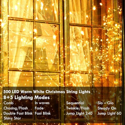 180FT 500LED Extra-Long String Lights Indoor Outdoor Clear Wire, Warm White Christmas String Lights, Plug in Twinkle Fairy Light With Timer and Memory For Wedding Patio Tree Yard Christmas Decorations - Image 3