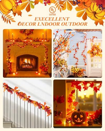 VCOKEN 11FT Fall Garland With Lights - 50 Bulbs Connectable Maple Leaves With Pumpkin, Plug-in Decor for Outdoor Indoor Halloween Thanksgiving Holidays - Image 6