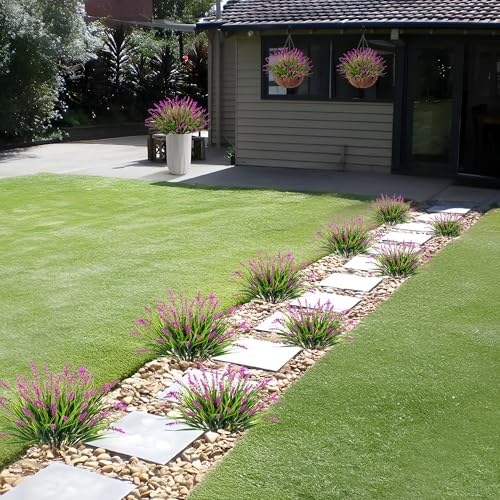 Artificial Flowers Faux Plants for Outdoor Decoration, 12 Bundles Fake Monkey Grass for Home Garden Front Porch Balcony, Lavender Flowers Shrubs UV Resistant No Fade Greenery Bush Planter (Lotus) - Image 7