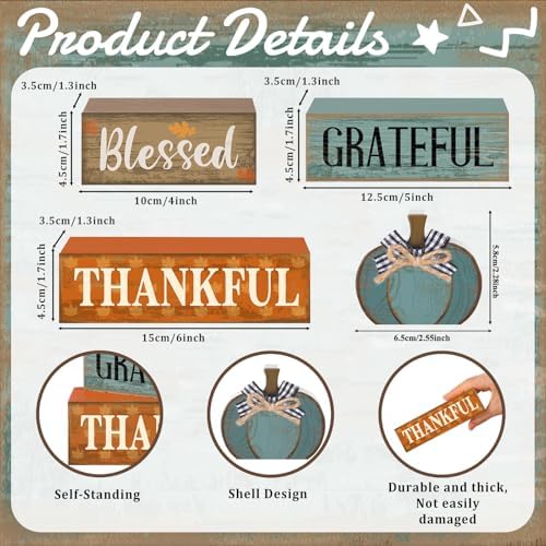 Lineshading 4 Pcs Farmhouse Block Signs Tiered Tray Decor Blue Pumpkin - Image 3