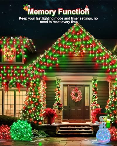 Christmas Lights Outdoor Red Green, 53 FT 486 LED Christmas Lights for Outside, Timer & Memory, Plug in 8 Modes Hanging Fairy Light with 108 Drops for House Eaves Yard Patio Decorations - Image 3