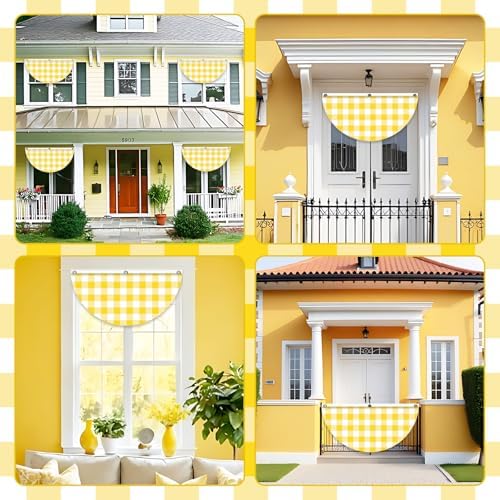 4 Pcs Yellow White Plaid Pleated Fan Flags, Yellow Gingham Bunting Fan Flag Decoration with Metal Grommet 1.5 x 3 Ft, Half Fan Flag Banner for Indoor Outdoor House Garden Patio Yard Decor - Image 3