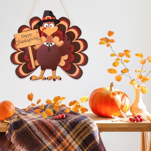 COCHIE Thanksgiving Decorations Turkey Wooden Wreath for Front Door, Give Thanks Signs Hanging Decoration, Fall Harvest Pumpkin Wall Windows Outdoor Outside Porch Hanger Decor (Turkey B) - Image 4