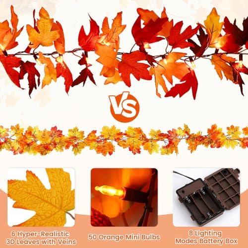 2Pack 9Ft 50 LED Maple Leaf Garland Battery Operated with Timer,8 Modes Waterproof Fall Decorations for Home Fall Garland with Lights for Fall Thanksgiving Table Harvest Home Indoor Decorations - Image 2