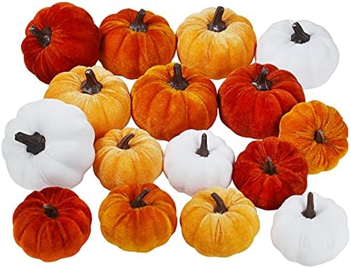 Winlyn Set of 16 Assorted Faux Small Rustic Harvest Decorative Pumpkins Velvet Fabric Foam Pumpkins in Rust Orange White for Farmhouse Fall Wedding Thanksgiving Centerpiece Table Mantel Décor - Image 2