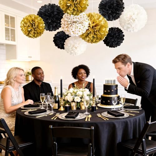 NICROLANDEE Black and Gold Party Supplies 12PCS Tissue Pom Poms 12" - Image 6