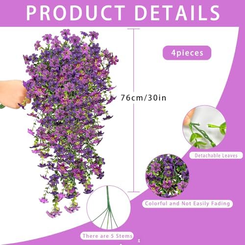 4 Pcs Artificial Hanging Flowers for Outdoor Indoor, UV Resistant Silk Daisy Fake Flowers, Realistic Faux Trailing Vines for Spring Garden Planter Porch Patio Window Box Decor(Double Purple) - Image 6