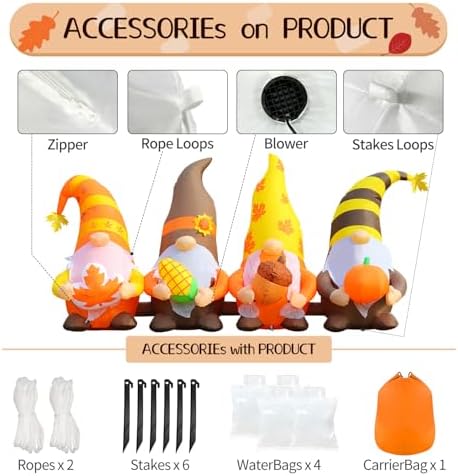 DomKom 8FT Thanksgiving Inflatables Outdoor Decorations, Four Gnomes Fall Blow up Built-in LED Lights for Yard Autumn Holiday Harvest Decor - Image 6