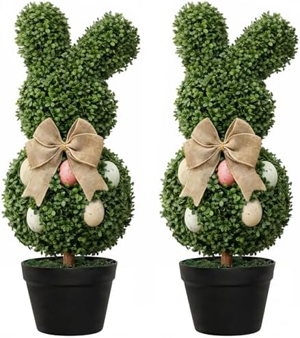 PATIO CHOICE Bunny Topiary Set of 2 UV-Resistant Faux Topiary with Pot Easter Bunny Shaped Decorations for Home Front Porch Outside Garden Decor Indoor by LittleBeaver