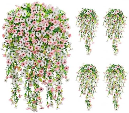 Artificial Flowers for Outdoors,8PCS Hanging Outdoor Faux Plants,UV Resistant Fake Flowers for Outdoor Planters,Realistic Fake Plants Spring Decor for Porch,Patio,Yard (PinkWhite) by LittleBeaver