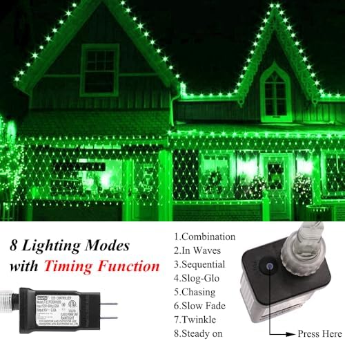 Net Light Outdoor Mesh Christmas Decorations, 100LED String Light Plug in Connectable Tree Warp Hanging 5ft x 5ft for Halloween, Shrubs, Lawn, Backyard, Walkway, Bushes, Garden Decor-Green - Image 3