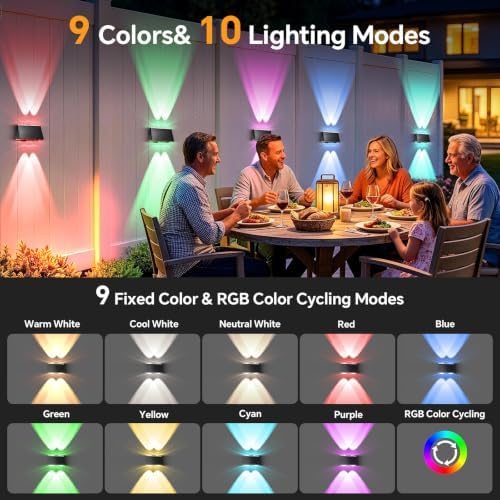 LANSOW Solar Fence Lights Outdoor 16 Pack, Fence Lights Solar Powered Waterproof, 10-Mode Warm/Cool/Neutral White & RGB, Up-Down Led Wall Lights Dusk to Dawn Decor for Yard, Deck, Patio, Pool, Railing - Image 2