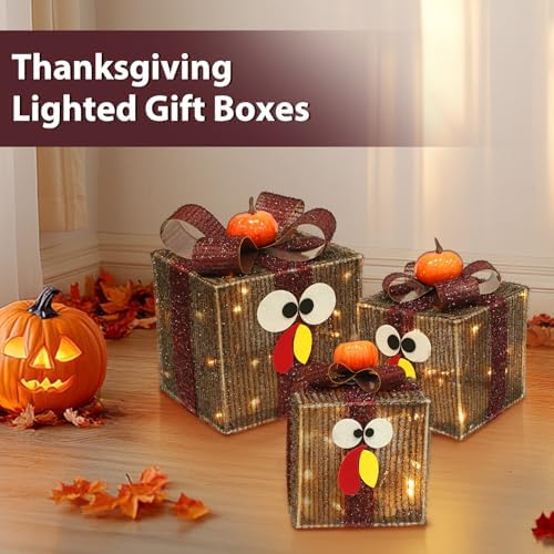 [Timer & 8 Modes]３Pack Thanksgiving Decorations Turkey Lighted Gift Boxes with 3D Pumpkin 60 LED Lights Glitter Tinsel Battery Operated Thanksgiving Outdoor Light Up Present Boxes for Home Yard Decor - Image 5