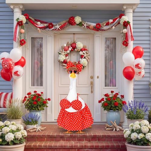 Abbylike Summer Bikini Porch Goose Outfit Red Polka Dot Bikini Yard Goose Hawaiian Clothes with Sunglasses and Curls Wigs Fits Large 23'' H Cement for Outdoor Garden Patio Pathway Statue Art Decor - Image 3