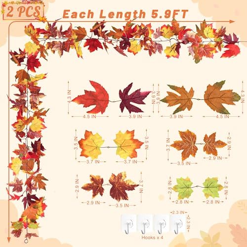 2Pack 11.8FT Fall Maple Leaf Garland for Mantle Thanksgiving Decorations - Image 2