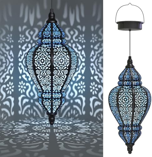 Moroccan Hanging Solar Lights Outdoor Lantern Bidirectional Availabili Garden Decor Waterproof Plastic Blue Decorations for Patio Pathway Yard Backyard Solar Powered Garden Decorative (Black, 1) by Hapjoy