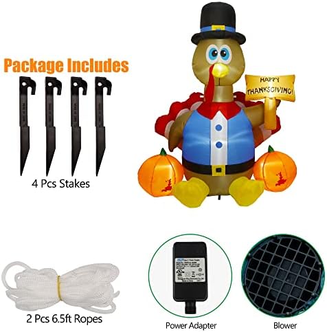 yosager Thanksgiving Inflatable Decorations, 6FT Lighted Happy Thanksgiving Inflatables Turkey with Pilgrim Hat, Blow Up with LED Lights, for Autumn Holiday Outdoor Home Lawn Garden Party Decor - Image 6