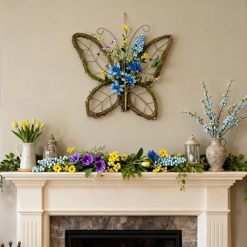 idyllic Butterfly Shaped Wreath with Pastel Berries and Floral Spring Artificial Wreaths for Front Door Decor（Blue） - Image 6