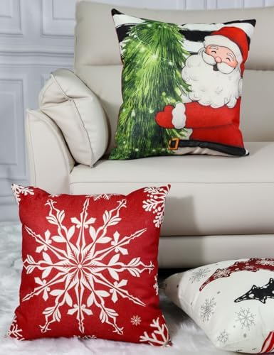 Double-Sided Print Christmas Pillow Covers 20''x20'', Set of 4, 8 Christmas Patterns Christmas Tree, Snowman, Snowflakes, Merry Christmas, Deer, Santa Claus,Truck, Let It Snow, Soft Linen Material - Image 7