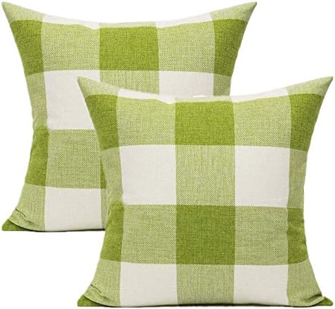 VAKADO 20x20 Grass Green White Buffalo Plaids Decorative Throw Pillow Covers Retro Farmhouse Checkered Sage Green Furniture Square Cushion Cases Home Decorations for Couch Patio Sofa Outdoor Set of 2 by VAKADO