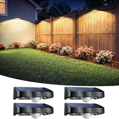 Solar Fence Lights Outdoor with Motion Sensor, 4 Pack Fence Lights Solar Powered 3 Modes IP65 Waterproof Dusk to Dawn Outdoor Lights for Patio Deck Wall Backyard Garden Decorative (Warm White) by NIBUUECER
