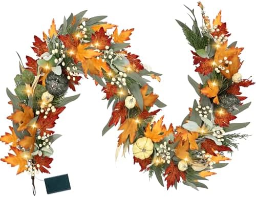 Realistic Fall Garland for Mantle 6 Ft Fall Maple Leaves Garlands with Lights/Timer Pumpkin Garland for Thanksgiving Outdoor Indoor Table Fireplace Autumn Decor Fall Decorations for Home Porch by Zmtyykh