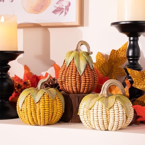 Valery Madelyn Fall Decorations for Home, Fall Pumpkin Decor, Set of 3 Resin Artificial Corn Decorative Pumpkins Indoor, Table Centerpieces Autumn Thanksgiving Halloween Decorations, 5.1 Inch - Image 6