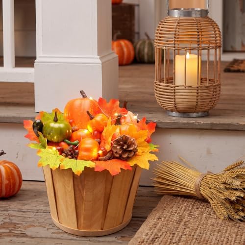 RattanView Fall Front Porch Decor Set Wooden Harvest Basket 9 x 6.7 in 3 Artificial Pumpkin 100 Fake Fillers LED Light Fall Decorations for Home Autumn Porch Decor for Thanksgiving Outdoor Farmhouse - Image 5