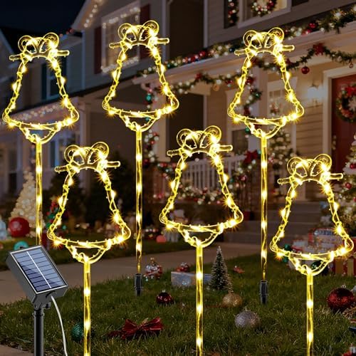6 Packs Christmas Bell Solar Garden Lights with 8 Light Modes, 21.65 Inches Tall Christmas Outdoor Light with 20 LEDs Each, Solar Outdoor Xmas Decor for Garden, Path, Patio (Warm White) by TopVelo
