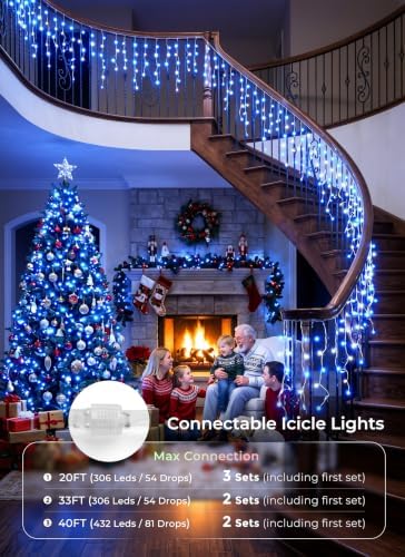 Icicle Outdoor Christmas Lights, 40Ft. 432 LED with 81 Drops, Dimmable Twinkle Fairy with Remote and Timer for House Holiday Decorations, Blue and White - Image 7