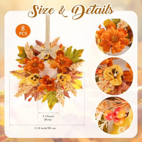 8 Pcs Fall Floral Swags Wreaths Mini Autumn Artificial Candle Rings Wreaths with Berries 3 inch Farmhouse Cabinets Hanging Wreath for Pillar Front Door Porch Wall Window Decoration - Image 4