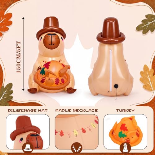 Soulchen 5FT Thanksgiving Inflatable Capybara Outdoor Decorations with Pilgrim Hat Maple Holding Turkey Built-in LED Lighted Blow up for Yard Garden Lawn Autumn Holiday Party Decor - Image 2