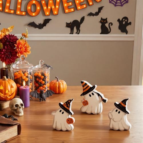 Smile Halloween Wooden Standing Decor Set Cute Ghost with Witch Hat - Image 4