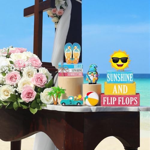 Vercraft 11 Pcs Summer Decorations Set Sunshine Tiered Tray Decor Hello Sweet Summer Wooden Blocks Flip Flops Coconut Tree Centerpiece for Home Office Decorations - Image 3