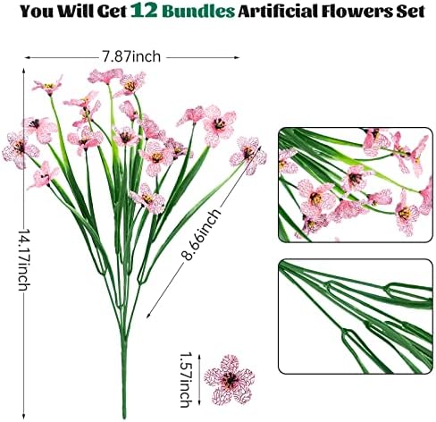 Lnoicy 12 Pcs Artificial Flowers for Outdoor,Plastic Flowers Decoration, UV Resistant Faux Flowers Shrubs, Artificial Plants for Indoor Outside Garden Home Wedding Farmhouse（Pink） - Image 2