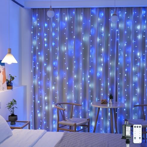 JMEXSUSS 300LED Christmas Curtain Lights Plug in, Blue and White, 9.8x9.8ft by JMEXSUSS